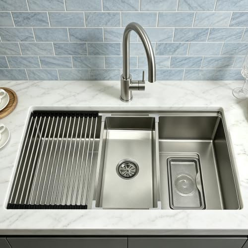 KOOGIMDDR Fregadero de cocina plateado de 90 x 50 cm de acero inoxidable 304SUS, 1 lavabo grande, fregadero de cocina rectangular de acero inoxidable, con escurridor, desagüe y kit de rebosadero para