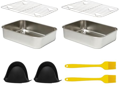 2 Piezas Fuente de Acero Inoxidable para Airfryer 20x15,3x5cm Bandeja | 2 Bandejas,2 Rejillas Escurridoras y Pinza Anticalor para Horno Airfryer de Acero inoxidable 304 para Hornear, Asar