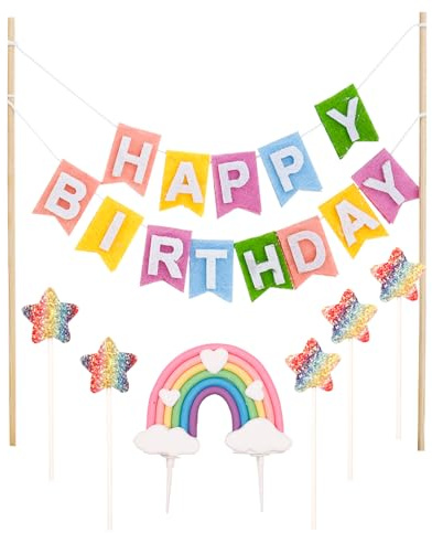 Gleevio Happy Birthday Tortendeko Girlande aus Filz,Regenbogen Kuchen Deko | Geburtstag Topper mit 5 Stück Bunt Stern Cupcake Topper,Happy Birthday Girlande Tortendeko Geburtstag,Regenbogen Cake Topper
