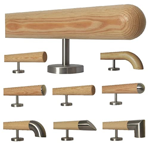 TIBU Kiefer Holz Handlauf Geländer 0,3m - 5m, Länge 300 cm, Ende Halbkugel gefräst und 4 gerade Halter
