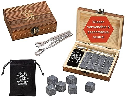 WOMA Whisky Steine Set I 12 Kühlwürfel aus Basalt inkl. Samtbeutel & hochwertiger Holzbox & Zange aus Edelstahl I Wiederverwendbare Eiswürfel für Whiskey Wodka Gin Rum Tequila & Cocktails