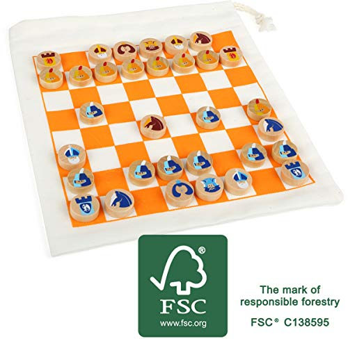 small foot 12021 Schach Reisespiel, FSC 100 Prozent-Zertifiziert, mit praktischem Beutel für Transport und Spielfeld, Dame-Spiel auch möglich Spielzeug, Mehrfarbig