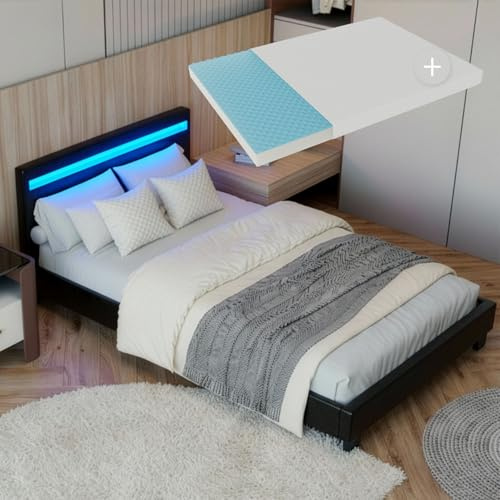 Juskys Polsterbett Paris 90x200 cm schwarz mit Matratze - Einzelbett & LED-Beleuchtung, Lattenrost & Kopfteil - Bett aus Holz & Kunstleder-Bezug