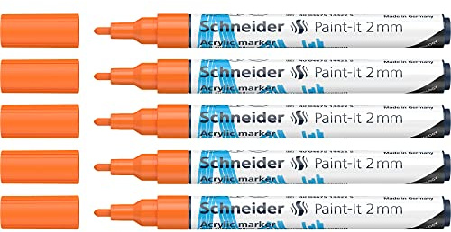 Schneider 120106 Paint-It Acrylstifte (mit 2 mm Rundspitze, hochdeckende Acrylfarben für Holz, Leinwand, Stein uvm.) 5er Pack, orange