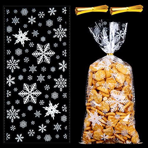 MELLIEX 100 Stück Weihnachten Plätzchentüten, Schneeflocke Cellophantüten Klar Süßigkeiten Tüten Zum Befüllen für Bonbon Plätzchen, mit 100er Twist Krawatten