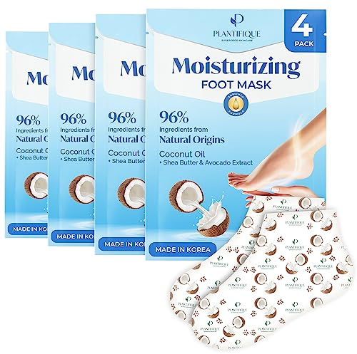 Plantifique Koreanische Fußmaske Socken, 4 Paar mit Box - Fusspflege Hornhaut Socken für Trockene Füße und Rissige Fersen - Hornhautentferner - Korean Foot Mask