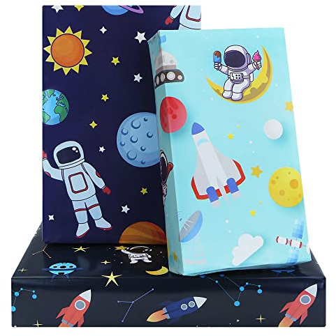 Weltraum Geburtstag Geschenkpapier für Kinder, Mädchen, Jungen, Astronaut, Planeten,Galaxie, Geschenkpapier für Weltraumliebhaber, Babyparty, 6 Blatt Flach Gefaltet, 50 x 70 cm pro Blatt