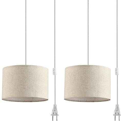 IHENGYANLT 2 Pack Plug in Pendant Light, Hanging Light with 15Ft Clear Cord, On/Off Switch, Beige Linen Fabric Lamp Shade, Hanging Light Fixture for Bedroom, Kitchen, Living Room, Dining Table