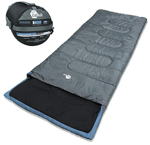 your GEAR Marin Schlafsack -7°C, Deckenschlafsack 220x80 cm, 3-4 Jahreszeiten, wasserabweisend, kleines Packmaß, 2-Wege-Reißverschluss, leicht, Kissenfach, Blau/Grau