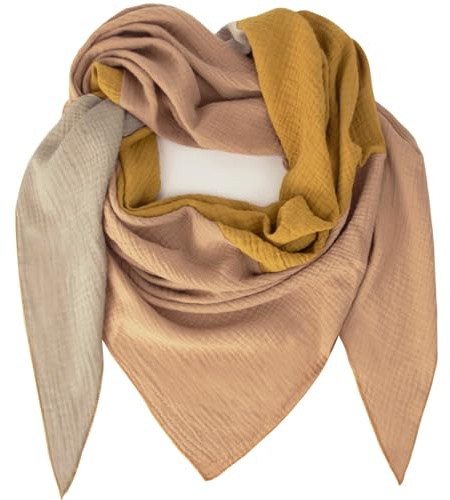 Gloop Sciarpa da donna XXL a maglia triangolare sciarpa foulard cotone triangolo mussola sciarpa senza graffi sulla pelle Made in Italy, Giallo-marrone chiaro-beige, Taglia unica