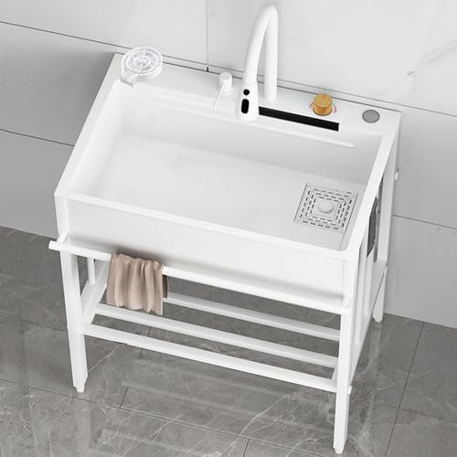 Edelstahl Spültisch Spülbecken Waschbecken 1Becken Schwarz Waschbecken Küche Kitchen Sink Ausgussbecken Freistehendes Wasserfall-Spülbecken Mit Ausziehbarem Wasserhahn für Außen Küche Garten Camping (