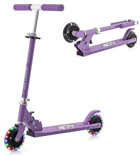 COSTWAY Scooter Kinder Roller, Tretroller mit LED-Räder, Klappbar Lenker, Höhenverstellbar Kinderroller Cityroller Kickscooter für Jungen und Mädchen ab 3 Jahren (Lila)