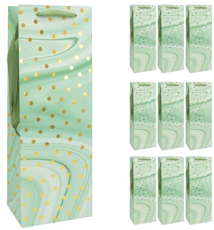 Idena 30375-10 - Flaschentaschen Dot, 10 Stück, Geschenktüten in der Größe 12 x 9 x 35 cm, Papiertüten in Mint-Grün mit goldenen Punkten