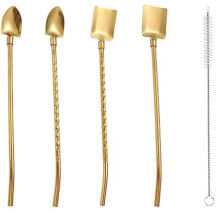 Strohhalmlöffel, 1 Set Löffel mit Reinigungsbürste, rostfrei, langer Griff, hochglanzpoliert, spülmaschinenfest, Geschirr, Edelstahl, Doppelnutzung, Dessert-Kaffee-Rührlöffel
