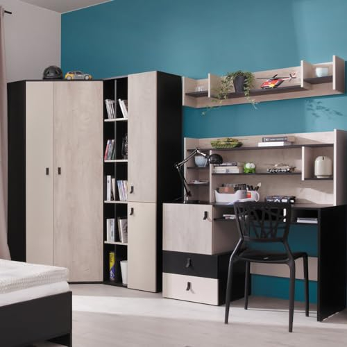 Lomadox Jugendzimmer Set 5-teilig mit Eckkleiderschrank, Regalschrank, Wandboard, Schreibtisch, Schreibtischaufsatz in schwarz/braun/beige Modern