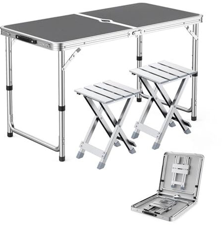 3-teiliges Campingmöbel-Erholungs-Klapphocker-Set mit höhenverstellbarem Tisch, Faltbarer tragbarer Picknicktisch mit 2 Hockern für Grillpartys im Garten