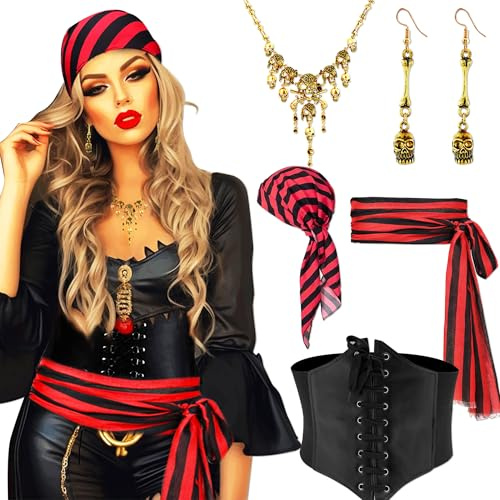 JeVenis Vintage Piraten Kostüm Zubehör Set Piraten Stirnband Wrap Schädel Halskette Taillengürtel Kapitän Piraten Kostüm Karneval Musik Festival Outfit