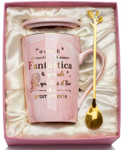 YIKILYLIFE Regalo Natale Donna, Regalo Donna Compleanno Tazza in Ceramica Marmorizzata da 400ml, Idee Regali Donn-a Regali Natale Donn-a Tazza, con Coperchio, Cucchiaio, Biglietto, Confezione Regal-o
