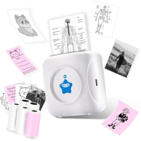 vretti Mini-Drucker TP2-Y Pocket-Drucker, Mini-Thermodrucker kompatibel mit Android & iOS, Sticker-Drucker mit 5 Rollen Etiketten, Bluetooth-Drucker für iPhone Arbeitsauflistung Notizen Fotos DIY