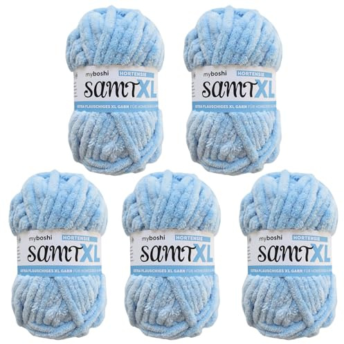 myboshi Terciopelo XL, suave hilo de chenilla extragrueso, súper grueso, para ganchillo y tejer, ovillo XXL, 100 g, Ll 40 m, azul (hortensia), 5 ovillos