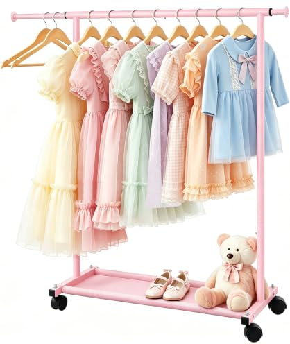 MISSLO Small Garment Racks for Hanging Clothes Rack Mini Kids Clothing Rack Rolling Dress up Storage for Toddler, Baby, Little Girl, Children, Adult(Pink)
