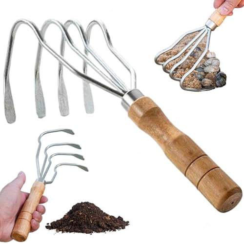 Rastrello per vongole Rastrello per vongole in acciaio a 4 denti Rastrello a mano antiscivolo con manico in legno Robusto rastrello multiuso per vongole, giardinaggio e altro Rastrello per vongole per
