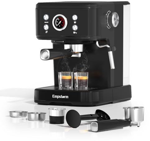 Empstorm Espresso Siebträgermaschine, Kaffeemaschine mit Milchaufschäumer, 20 Bar Espressomaschine, 2 in 1 Expresso Machine Siebträger Kaffeemaschine für Kaffeepulver & Kaffeekapseln, Schwarz