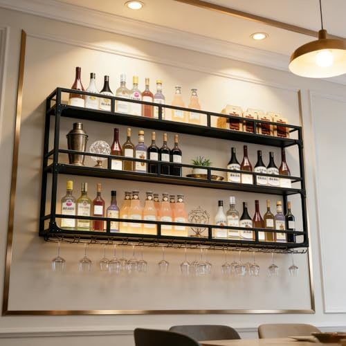 amhricho Weinregal Wand, 3 Ebenen Wand-Weinregale mit Glashalter, Multi funktionaler Weinpareite Display Rack,Weinflaschenhalter Wandmontage, für Zuhause, Bar, Küche, Restaurant (BLACK, 180*25*90cm)