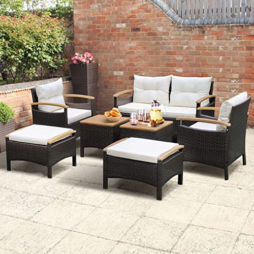 GIANTEX Juego de Muebles de Jardín de Ratán 7 Piezas, 1 Sofá, 2 Sillónes, 2 Reposapiés y 2 Mesitas, para 4-6 Personas, Asientos con Cojines, Conjunto de Conversación para Patio, Terraza