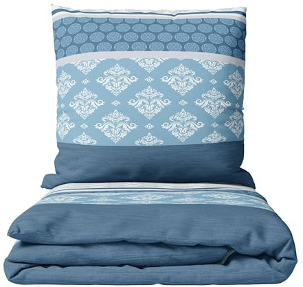 Leonado Vicenti Ropa de cama de franela fina con estampado ornamental en azul y blanco, 135 x 200 cm y funda de almohada de 80 x 80 cm con cremallera oculta