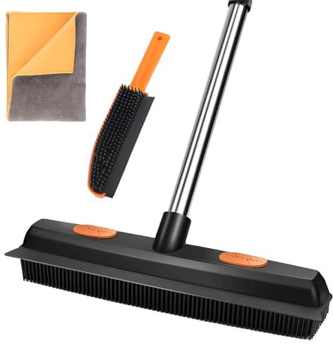 Rubber Broom with Squeegee for Carpet Pet Hair Remover (Orange)
