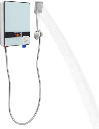MEELRYD 6500W Elektronischer Durchlauferhitze Dusche, 220V Elektrischer Warmwasserbereiter mit Bad Dusche Kit, Temperaturwahl 30-55 °C, Durchlauferhitzer für Waschtisch, Dusche oder Badewanne, Weiß