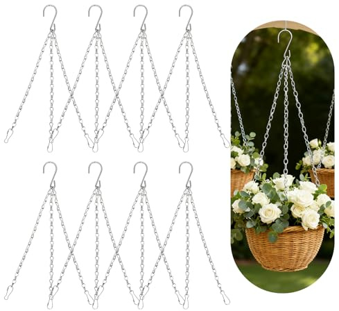 LoNinLoAn 8 Stück Hängekette mit Clips, 3-litzige Metallkette Hängekorb, 40cm Blumenampel Ketten, Hängende Korb Aufhängehaken für Blumentöpfe, Vogelkäfig, Pflanzgefäßen, Laternen (Weißes Zink)