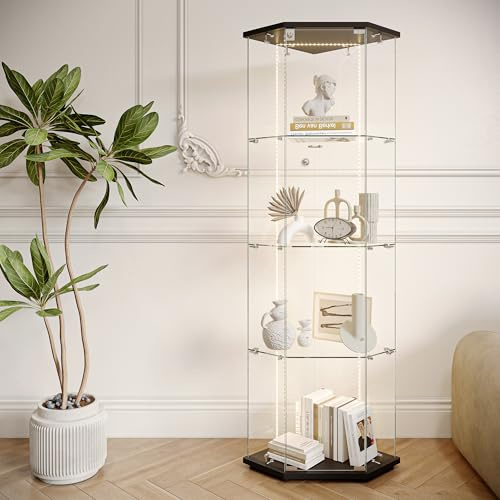 DIYHOM Vitrina de esquina de cristal con tiras de luz LED, 4 capas con 1 puerta de cristal, para coleccionistas, libros, 162 x 60 x 40 cm, color negro