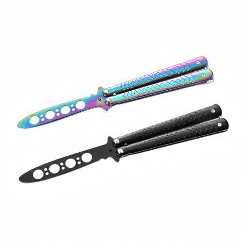 Lajiakoy Couteaux Papillon d’Entraînement, 2 PCS Balisong Trainer pour Pratique, en Acier Inoxydable, Lame Émoussée Non Aiguisée, Couteau Sécurisé (Noir+Couleur)