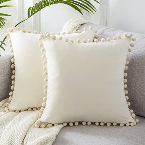 Topfinel Cushion Covers 45x45,Boho Cushion Covers 18 x 18 inches,Cream Velvet Pom Pom Spring Soft Cushion Cover with Invisible Zip for Sofa Chair Living Room,Pack of 2