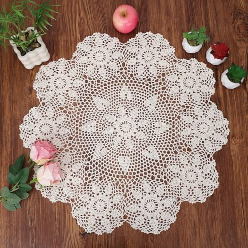 kilofly Handmade Crochet Cotton Lace Table Sofa Doily, Waterlily, Beige, 26 inch