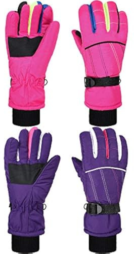 Hicarer 2 Pairs Kids Waterproof Winter Snow Gloves for Boys Girls Child Toddler Warm Ski Gloves for Cold Weather (Purple and Pink Stripe Style, 8-14 Years)