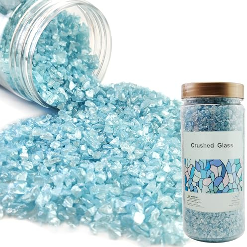 HappyFiller 1.3 LB Light Blue Crushed Glass Sand Fairy Garden Pebble Crush Gravels,Resin Arts DIY Coaster,Wall Art Paint,Craft Glitter,Vase Filler,Candle Holder Decor