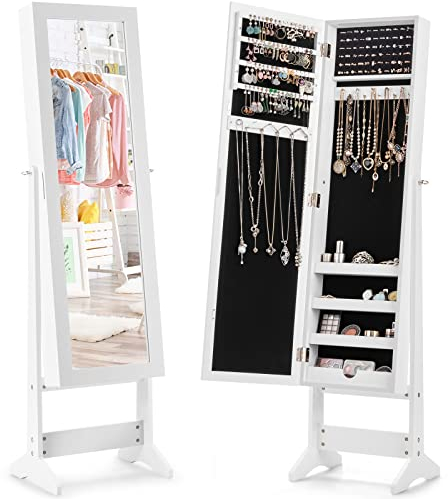 RELAX4LIFE Armoire à Bijoux sur Pieds avec Miroir Pleine Longueur HD 4 Angles Réglables, Armoire à Bijoux avec Grand Espace de Rangement pour Chambre, Vestiaire, Salle de Bain (Blanc)