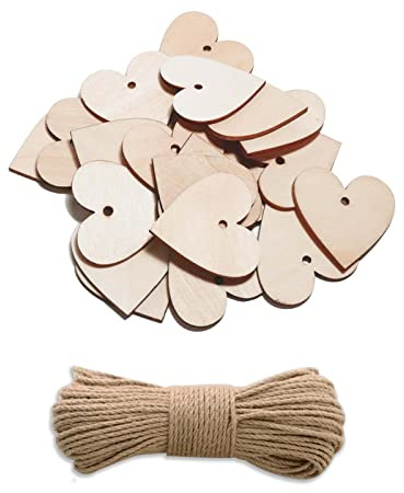 200 Stück 40mm Holzherzen Scheiben mit 30m Jute Schnur, 4cm Holzherzen | Naturholzscheiben mit Loch zum Beschriften, DIY Handwerk Verzierungen, Holzanhänger für Basteln Gästebuch