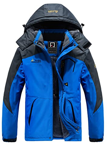 R RUNVEL Mens Jacets Winter Waterproof Coat Parka Fleece Warm Padded Jackets with Hood for Outdoor Hiking Ski Work Walking Mountain Camping Fishing Blue UK XL