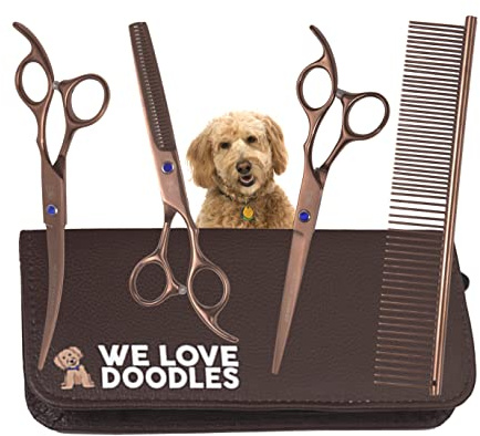Kit de tijeras de aseo para perros, las mejores herramientas para Goldendoodles, caniches y garabatos - Tijeras rectas, curvas y adelgazantes, kit de aseo dorado para garabatos - Acero de grado