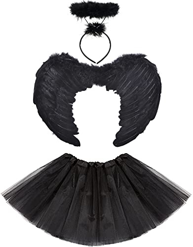 RichMoho Disfraz de ángel caído para mujer, disfraz de ángulo oscuro, disfraz de Halloween para adultos, alas de ángulo negro y falda tutú, incluye halo