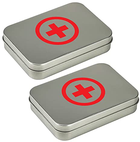 Compact First Aid Kit Mini Tin Box (2 Sets) - Small Storage Container w/Hinged Lid for Bandages, Medicine Pills, Outdoor Survival Kit