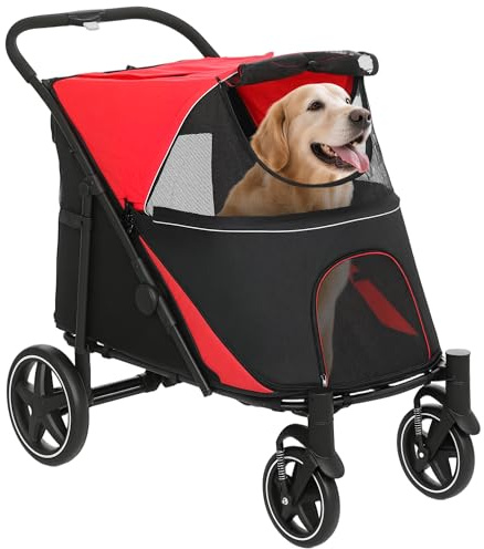 PawHut Dog Stroller for Medium/Large Breeds, Foldable Pet Pram Red
