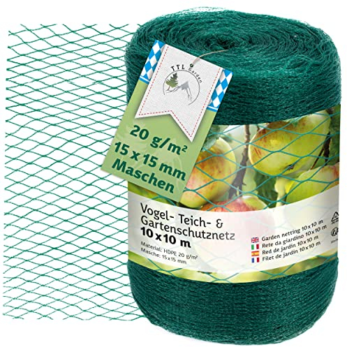 TTL Garden 10x10m Vogelschutznetz Gartennetz Teichnetz grün 20g/m² - 15x15mm feinmaschig 3-Fach gewebtes HDPE Obst & Obstbaum Netz Gemüse Schutznetz Vogelabwehr Netz, reißfest dehnbar robust