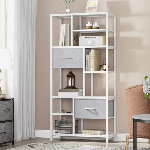 YITAHOME Bücherregal, 7 Regal Standregal mit Schubladen Boden bis zur Decke Lagerregal, industrielle Bücherregal, Stahlregal, geeignet für Wohnzimmer, Büro, Arbeitszimmer, Flur, Küche, Weiß