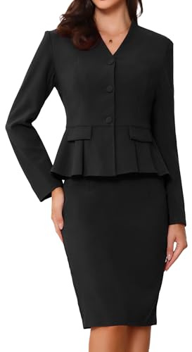 Allegra K Business 2 Piece Suit Set for Women's Long Sleeve Collarless Peplum Blazer Pencil Skirts Black M