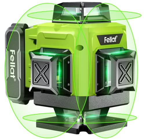 Kreuzlinienlaser, FELLAT 4x360° kreuzlinienlaser grün, Kreuzlinienlaser Selbstnivellierend Linienlaser, 2x4800mAh Akku mit Typ-C Ladeanschluss, Fernbedienung, für Innenbereich Baustelle